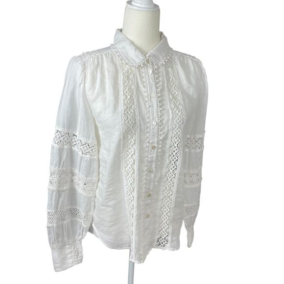 Anthropologie Embroidered Lace Buttondown Blouse Sz Small Cottage Boho Peasant - Picture 6 of 14